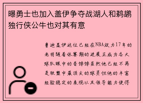 曝勇士也加入盖伊争夺战湖人和鹈鹕独行侠公牛也对其有意