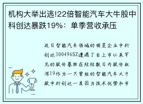 机构大举出逃!22倍智能汽车大牛股中科创达暴跌19%：单季营收承压